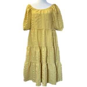 Calista Yellow Tiered Babydoll Dress Puff Sleeve Textured Midi Small